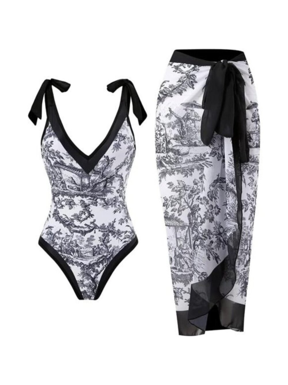 Women Swimsuits V Neck Floral One Piece with Cover Up, Black Flower